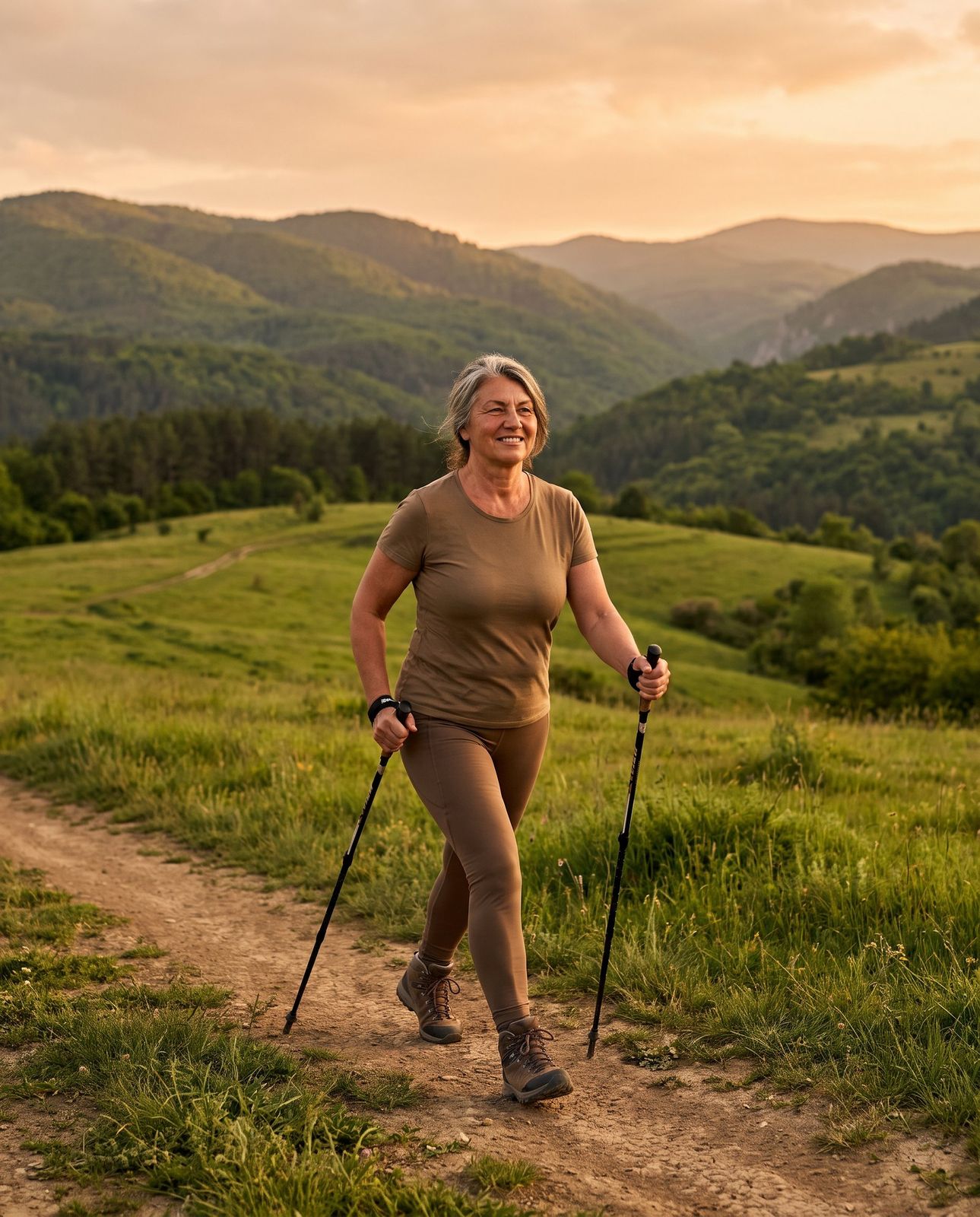 Силна жена на 60 върви с щеки по планинска пътека